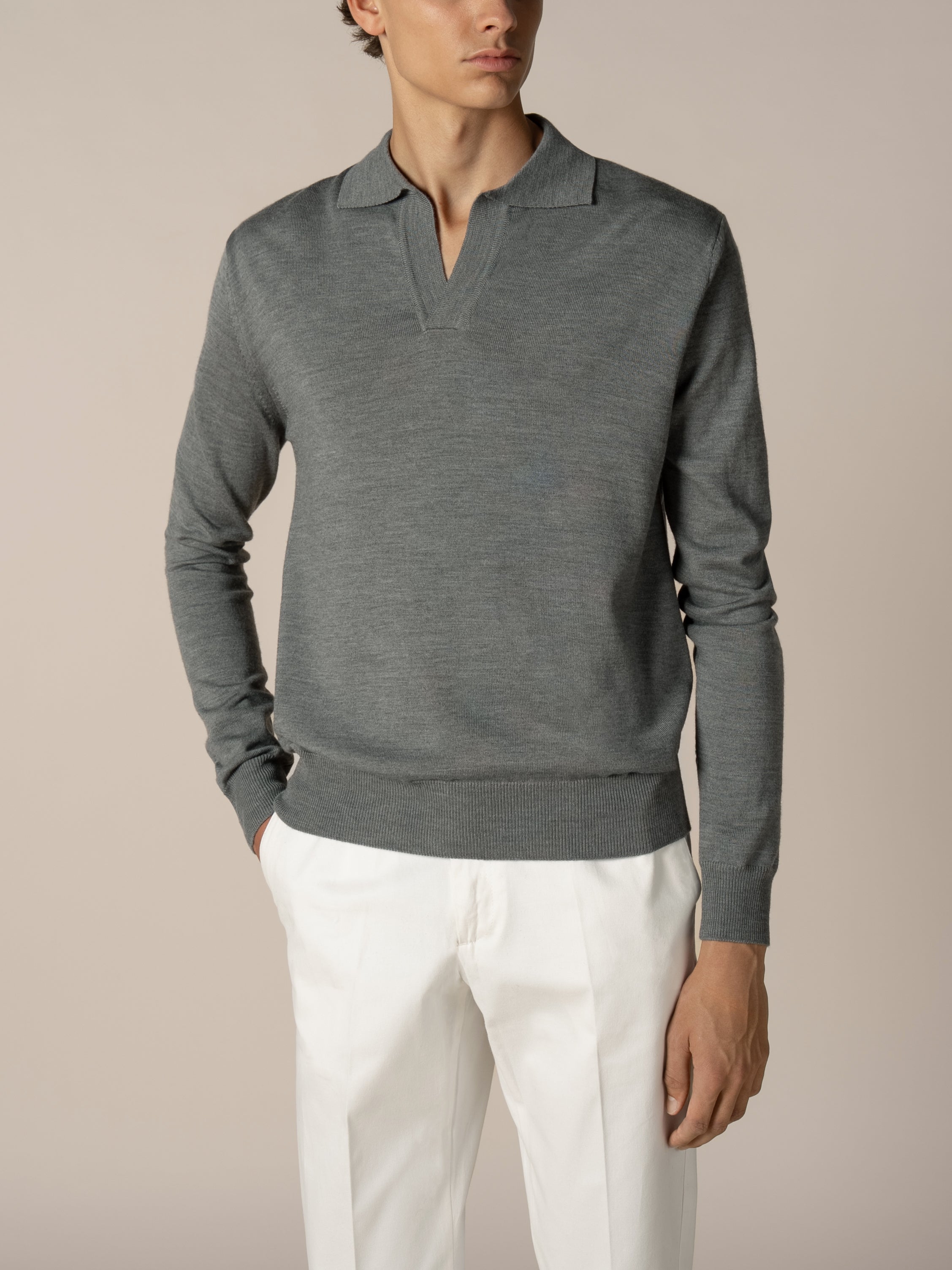 Extrafine Merino Buttonless Polo Dark Grey