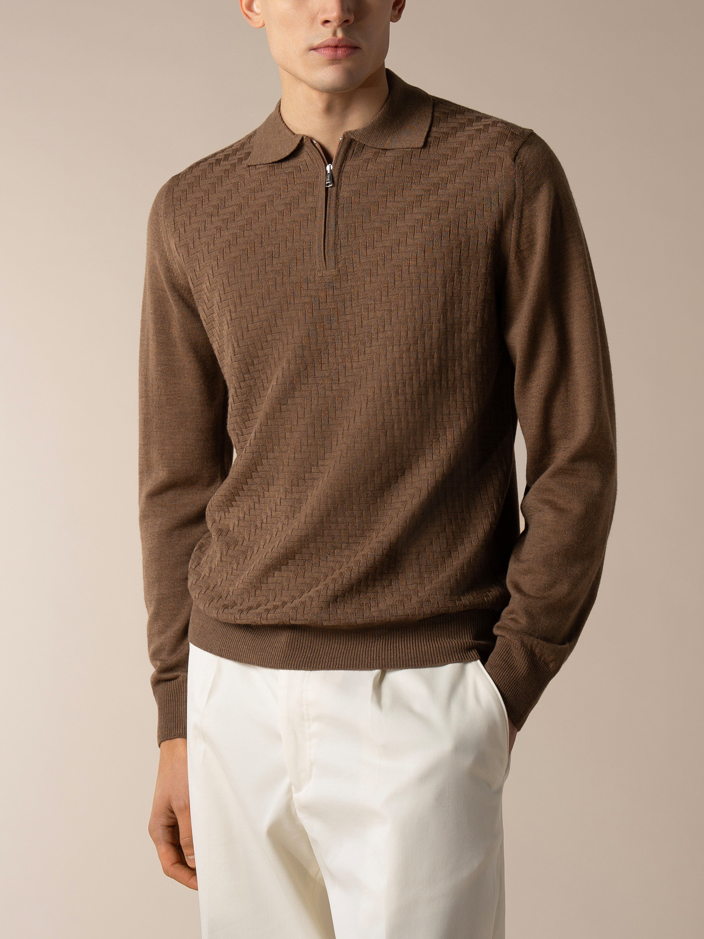 Brown Zipper Polo Basket Weave